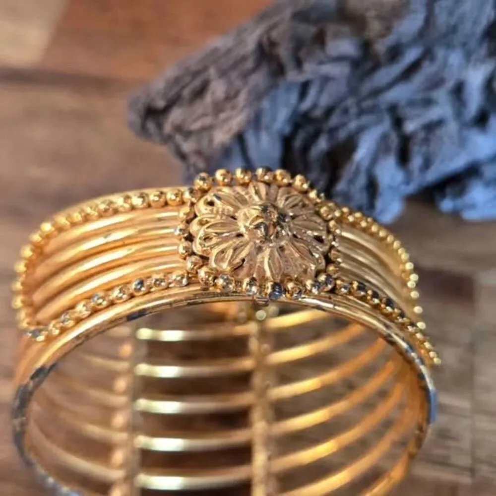 Gold Tone Multi Band Rhinestone Bangle Bracelet Floral Charm 2.5